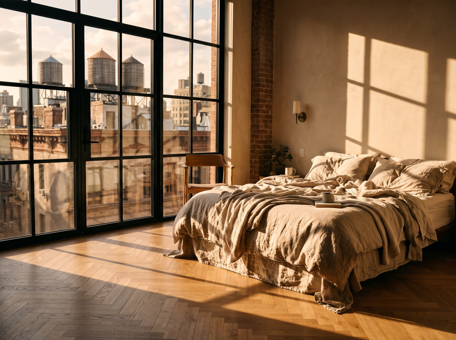 A sunlit loft bedroom with an unmade linen bed and rooftop water towers beyond the windows (AI-generated image)
